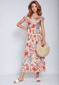 Born2be - Beżowo-Różowa Wiskozowa Sukienka w Kwiaty na Ramiączkach z Falbanką i Materiałowym Paskiem Moemia. Okazja: na wesele, na co dzień, na ślub cywilny, na imprezę. Typ kołnierza: kołnierz z falbankami, dekolt kwadratowy. Kolor: beżowy. Materiał: wiskoza, materiał. Długość rękawa: na ramiączkach. Wzór: kwiaty. Styl: casual, elegancki #4