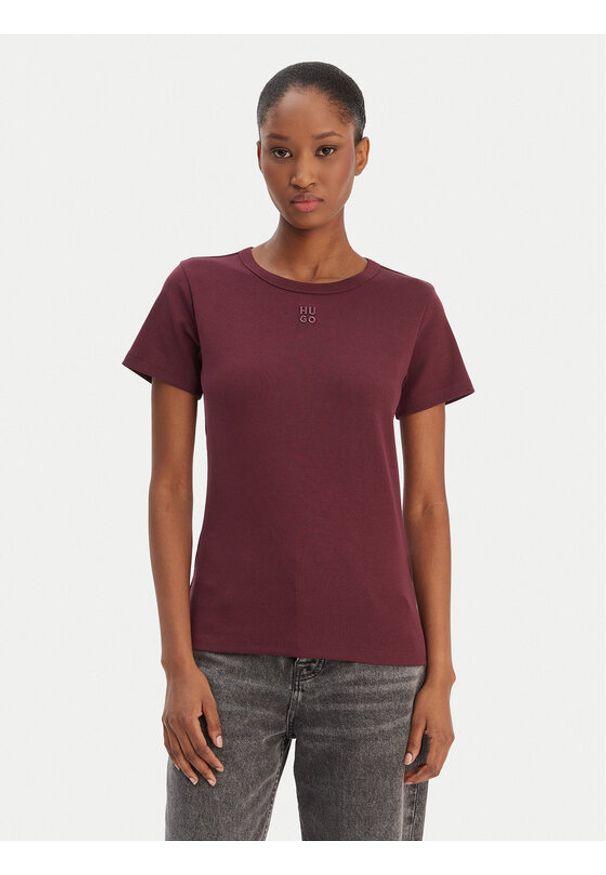 Hugo - HUGO T-Shirt Deloris 50512002 Bordowy Regular Fit. Kolor: czerwony. Materiał: bawełna
