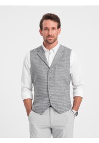 Ombre Clothing - Kamizelka męska z domieszką wełny z klapami w kratkę - jasnoszara V2. Kolor: szary. Materiał: wełna. Wzór: kratka