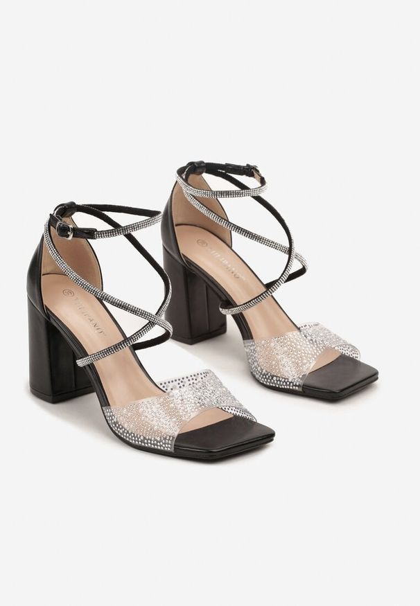 Born2be - Czarne Sandały na Obcasie z Cyrkoniami Nilanela. Zapięcie: sprzączka. Kolor: czarny. Obcas: na obcasie. Styl: wizytowy. Wysokość obcasa: średni