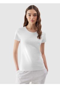 4f - T-shirt slim z nadrukiem damski - biały. Okazja: na co dzień. Kolor: biały. Materiał: elastan, dzianina, jersey, materiał, bawełna. Długość rękawa: krótki rękaw. Długość: krótkie. Wzór: nadruk. Styl: casual, sportowy
