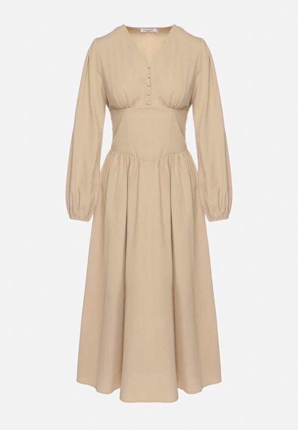 Born2be - Beżowa Sukienka z Wiskozą z Gorsetową Talią i Bufiastymi Rękawami Aniste. Okazja: na co dzień. Typ kołnierza: dekolt gorset. Kolor: beżowy. Materiał: wiskoza. Typ sukienki: gorsetowe. Styl: elegancki, sportowy, casual, wizytowy