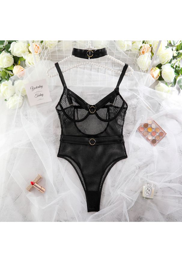 Intica - Body z siateczki z okrągłymi klamrami na wieczorne wyjścia Salvatora. Kolor: czarny. Materiał: materiał