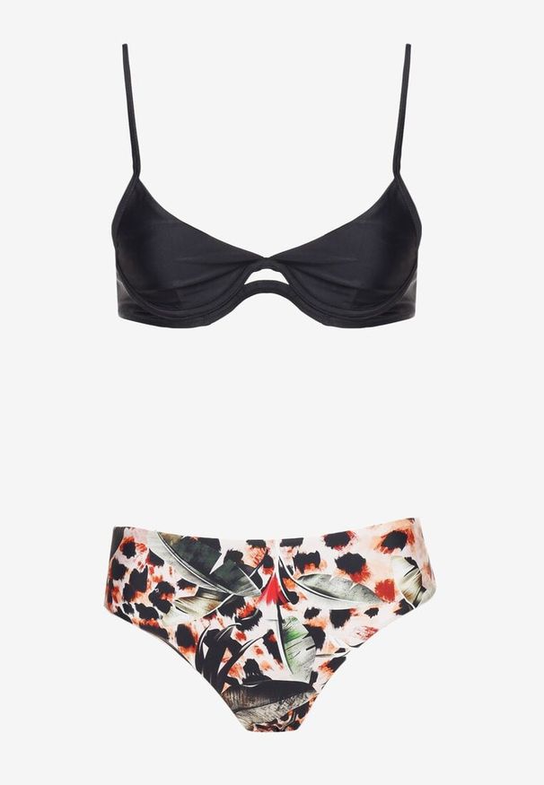 Born2be - Czarne Bikini Strój Kąpielowy Dwuczęściowy z Ozdobnymi Figami Piavera. Kolor: czarny. Wzór: aplikacja