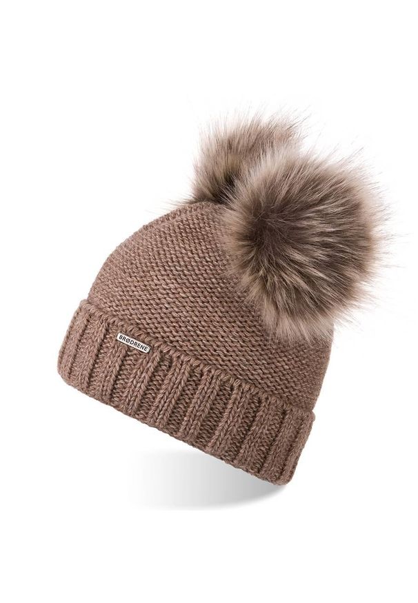 BRODRENE - Czapka damska zimowa z polarem i pomponami Brodrene CZ22 kawowa. Materiał: materiał. Sezon: zima. Styl: elegancki