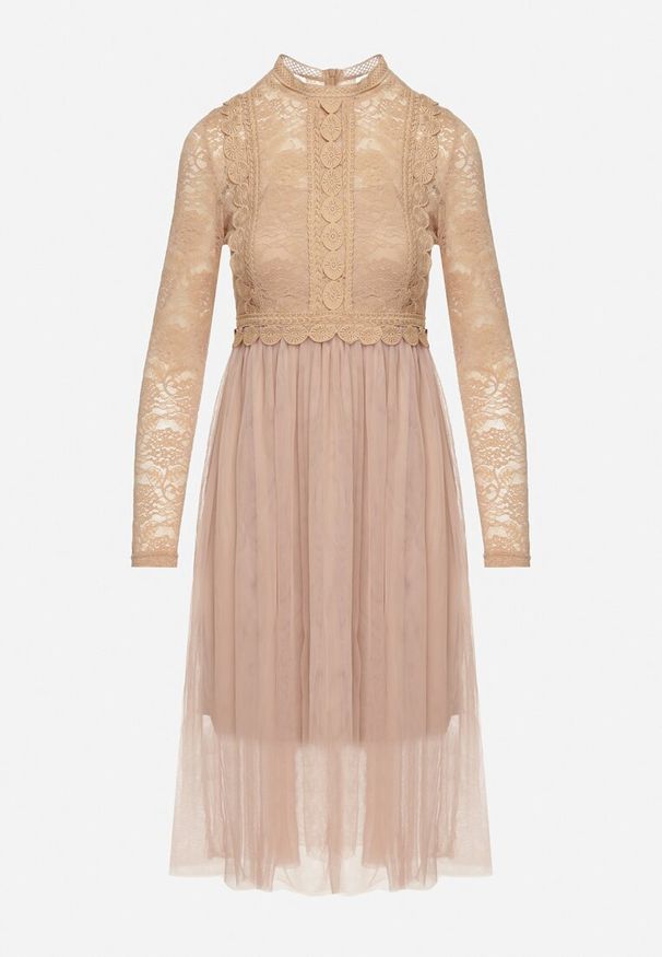 Born2be - Ciemnobeżowa Rozkloszowana Sukienka w Eleganckim Stylu Ozdobiona Koronką i Tiulem Miramelba. Kolor: beżowy. Materiał: tiul, koronka. Długość rękawa: długi rękaw. Wzór: aplikacja, koronka. Styl: elegancki