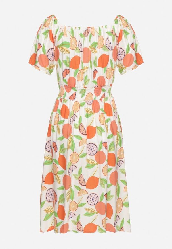 Born2be - Pomarańczowa Sukienka Hiszpanka z Bawełną i Motywem Cytrusów Avfila. Okazja: na co dzień. Typ kołnierza: dekolt hiszpanka. Kolor: pomarańczowy. Materiał: bawełna. Sezon: lato. Styl: casual, elegancki