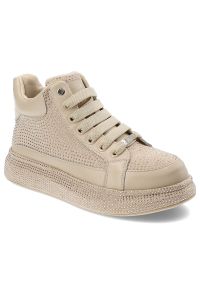 GOE - Beżowe Sneakersy Goe Stylowe Błyszczące Obuwie Damskie. Zapięcie: sznurówki. Kolor: beżowy. Materiał: materiał. Wzór: aplikacja