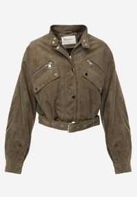 Renee - Zielona Kurtka Utility Cropped z Imitacji Zamszu z Suwakami i Paskiem w Talii Gleania. Kolor: beżowy. Materiał: zamsz. Wzór: aplikacja. Styl: rockowy #3