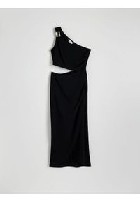Reserved - Sukienka midi z wycięciem - czarny. Kolor: czarny. Materiał: tkanina. Wzór: gładki. Długość: midi