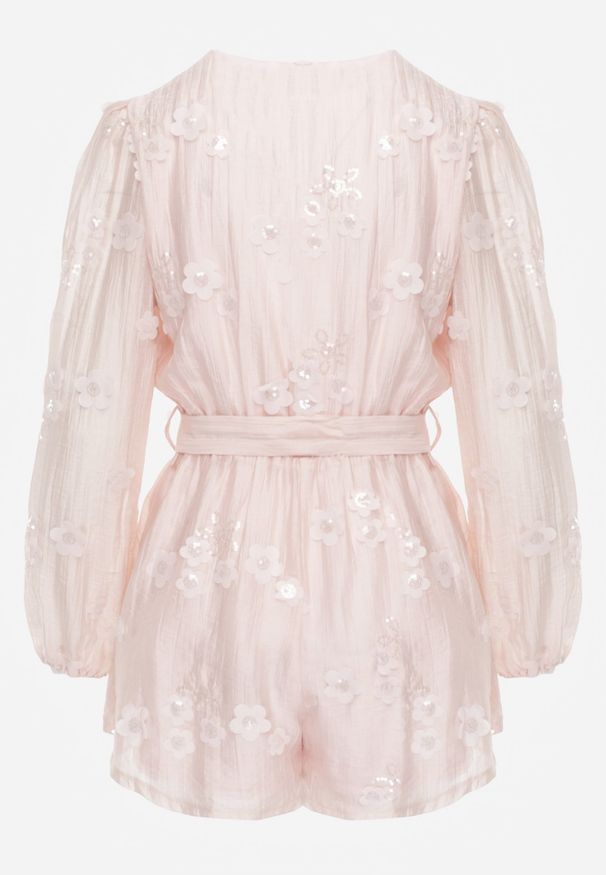 Renee - Różowy Kombinezon z Tencelu z Kopertowym Dekoltem Cekinami i Kwiatami 3D Kairial. Okazja: na imprezę. Kolor: różowy. Materiał: materiał, poliester. Wzór: kwiaty. Sezon: lato. Styl: elegancki