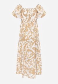 Born2be - Beżowa Rozkloszowana Sukienka z Wiskozy z Bufiastymi Rękawami w Roślinny Wzór Semea. Okazja: do pracy, na co dzień, na spotkanie biznesowe. Kolor: beżowy. Materiał: wiskoza. Sezon: lato. Typ sukienki: proste, rozkloszowane. Styl: biznesowy, casual. Długość: maxi #5