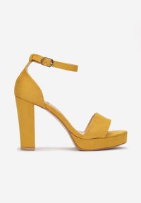 Born2be - Żółte Sandały Lephypso. Nosek buta: otwarty. Zapięcie: pasek. Kolor: żółty. Materiał: materiał, satyna. Wzór: gładki. Obcas: na słupku. Styl: elegancki #3