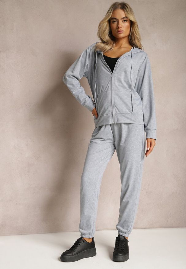 Renee - Szary Komplet Dresowy Zasuwana Bluza z Kapturem i Spodnie Joggery Scaellia. Kolor: szary. Materiał: dresówka. Sport: turystyka piesza, fitness