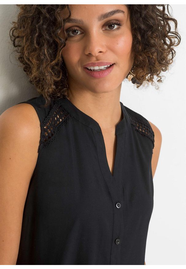 bonprix - Bluzka bez rękawów z czystej wiskozy. Kolor: czarny. Materiał: wiskoza, koronka. Długość rękawa: bez rękawów. Długość: długie. Wzór: haft, koronka. Sezon: lato