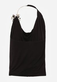 Renee - Czarny Marszczony Top Halter z Łańcuszkiem i Kwiatem Przy Dekolcie Idivanna. Okazja: na imprezę. Typ kołnierza: dekolt halter. Kolor: czarny. Materiał: jeans. Wzór: kwiaty. Styl: elegancki #8