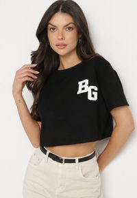 Born2be - Czarny Bawełniany T-shirt Oversize o Krótkim Kroju Zariona. Okazja: na co dzień. Kolor: czarny. Materiał: bawełna. Długość: krótkie. Wzór: aplikacja. Styl: klasyczny, casual, elegancki