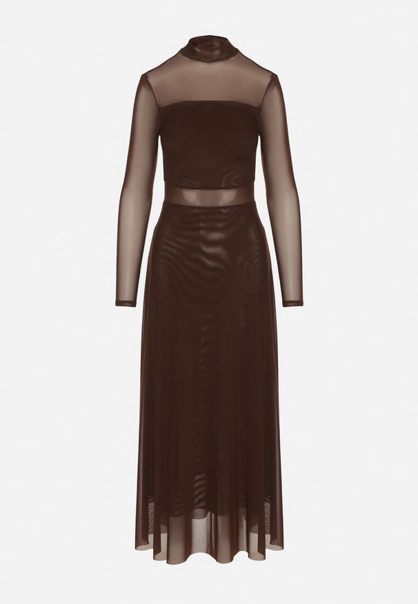 Born2be - Brązowa Siateczkowa Sukienka Rozkloszowana Longsleeve z Domieszką Wiskozy Eprela. Okazja: na randkę. Kolor: brązowy. Materiał: wiskoza. Długość rękawa: długi rękaw. Typ sukienki: rozkloszowane. Styl: klasyczny