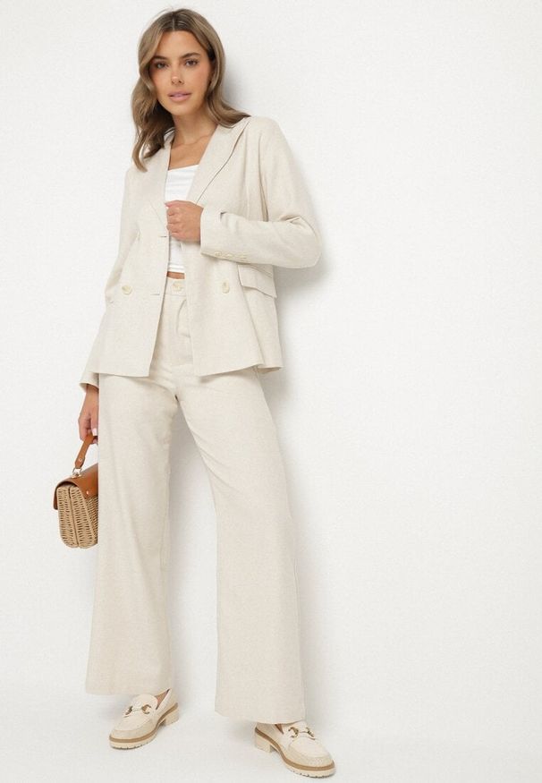 Born2be - Beżowe Szerokie Spodnie z Bawełną i Wysokim Stanem Fenarilla. Okazja: na co dzień. Stan: podwyższony. Kolor: beżowy. Materiał: bawełna. Styl: klasyczny, casual, elegancki