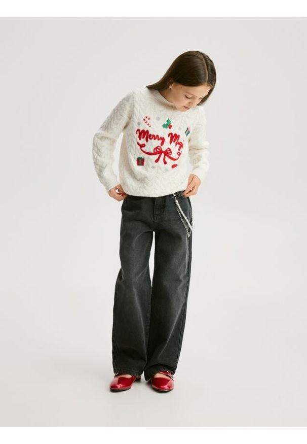 Reserved - Jeansy straight z łańcuszkiem - czarny. Kolor: czarny