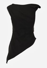 Renee - Czarna Marszczona Asymetryczna Bluzka z Bawełny z Ozdobą 3D Thellike. Okazja: na imprezę. Kolor: czarny. Materiał: bawełna. Wzór: aplikacja #8
