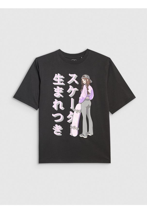 4f - 4F T-shirt oversize z nadrukiem dziewczęcy - czarny 134 (8-9 lat). Kolor: czarny. Materiał: skóra. Wzór: nadruk. Sezon: lato