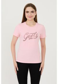 Guess - GUESS Różowy damski t-shirt bawełniany Stones&embro Tee, Rozmiar L. Kolor: różowy. Materiał: bawełna #1