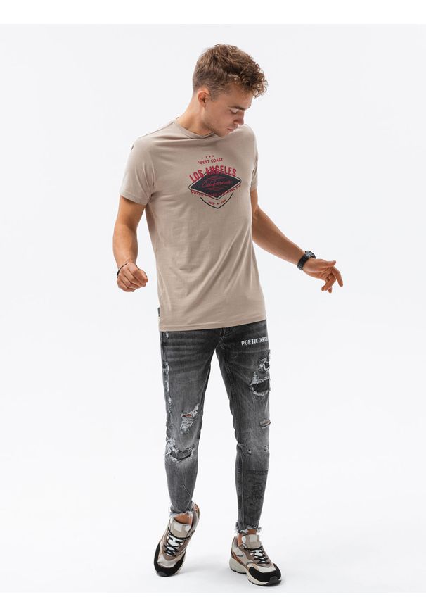 Ombre Clothing - T-shirt męski z nadrukiem S1434 V-21D - beżowy - XXL. Kolor: beżowy. Materiał: bawełna. Wzór: nadruk. Styl: klasyczny