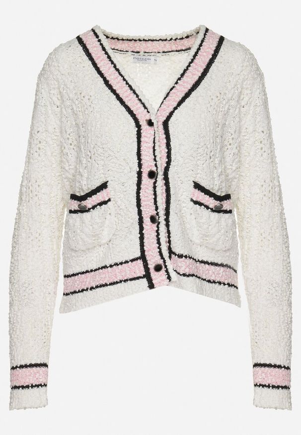 Born2be - Beżowy Krótki Rozpinany Kardigan z Wiskozą Paskami i Ozdobnymi Guzikami Lialana. Kolor: beżowy. Materiał: wiskoza. Długość: krótkie. Wzór: aplikacja. Styl: klasyczny, elegancki