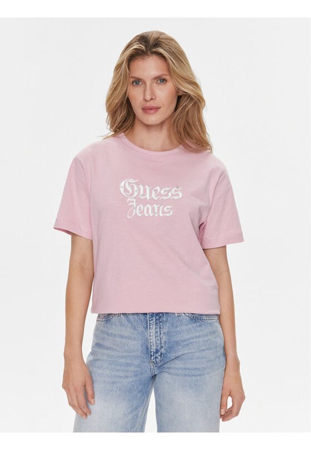 Guess T-Shirt Gothic W4RI49 K6XN4 Fioletowy Regular Fit. Kolor: fioletowy. Materiał: bawełna