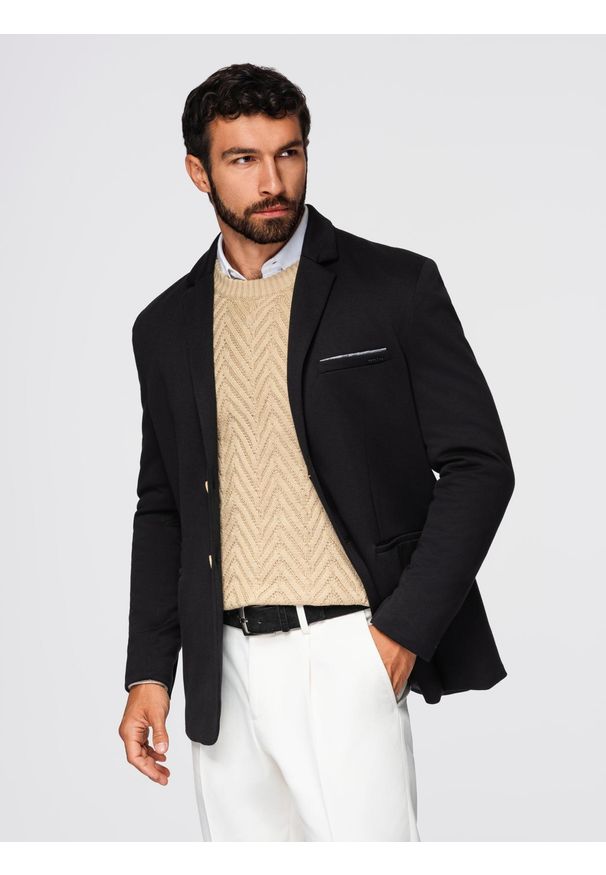 Ombre Clothing - Dzianinowa marynarka męska o dopasowany kroju - czarna V5 - Rozmiar: XL. Okazja: na spotkanie biznesowe, do pracy, na co dzień. Kolor: czarny. Materiał: dzianina. Styl: klasyczny, biznesowy, casual, elegancki