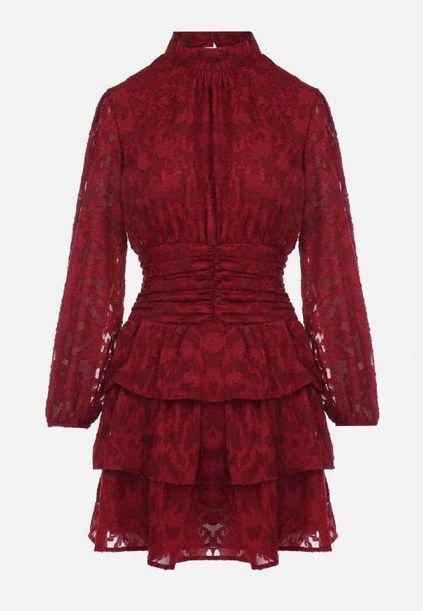 Born2be - Czerwona Taliowana Sukienka Mini Koronkowa z Falbankami Ciluna. Okazja: na co dzień. Typ kołnierza: kołnierz z falbankami. Kolor: czerwony. Materiał: koronka. Wzór: aplikacja. Styl: casual, elegancki, klasyczny. Długość: mini