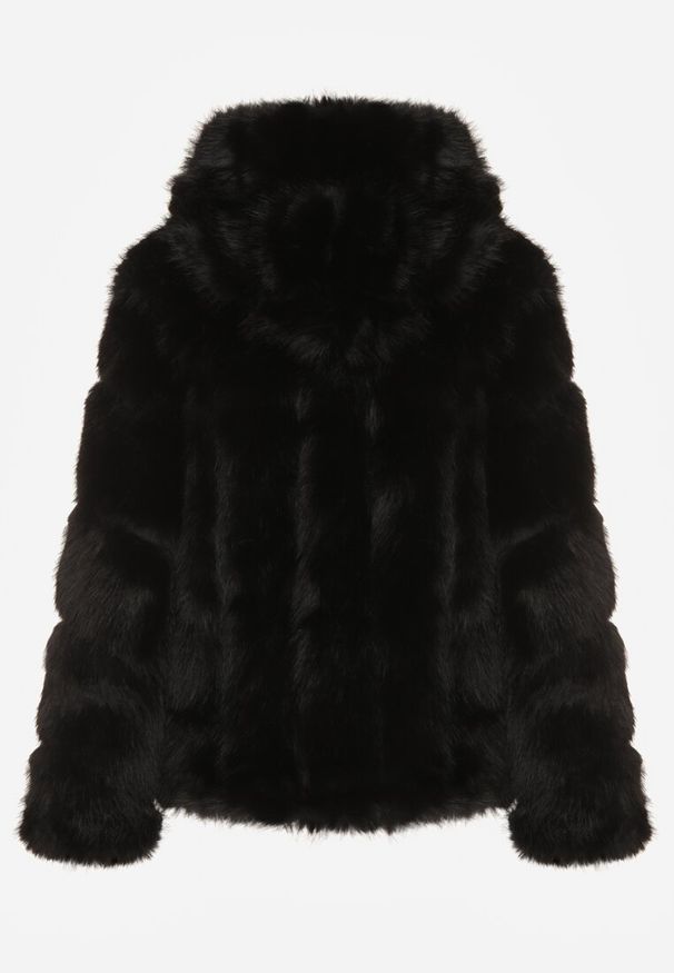 Born2be - Czarna Futrzana Kurtka z Kapturem Daviella. Typ kołnierza: kaptur. Kolor: czarny. Materiał: futro. Wzór: aplikacja