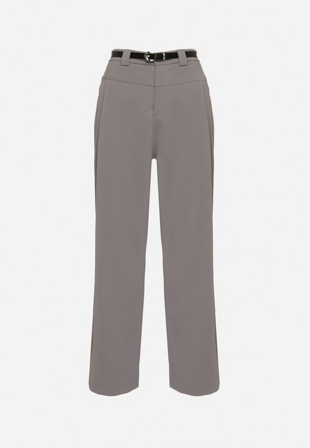 Born2be - Szare Garniturowe Spodnie o Szerokim Kroju z Gumką i Paskiem w Talii Verittha. Okazja: na co dzień. Kolor: szary. Styl: casual, klasyczny, elegancki