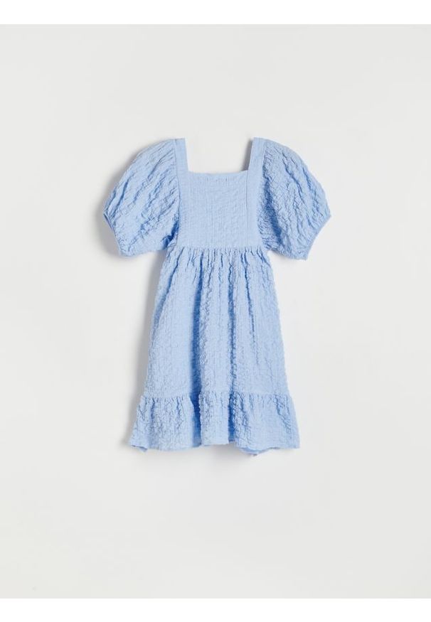 Reserved - Sukienka z bufkami - jasnoniebieski. Kolor: niebieski. Materiał: bawełna, tkanina, włókno