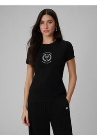 4f - 4F T-shirt slim z nadrukiem damski - czarny L. Okazja: na spacer, na co dzień. Kolor: czarny. Materiał: bawełna, jeans, materiał. Wzór: nadruk. Styl: casual #1