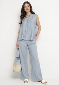 Born2be - Niebieskie Szerokie Spodnie z Lnem z Gumką w Talii i Kieszeniami Filisela. Okazja: na co dzień, do pracy. Kolor: niebieski. Materiał: len. Styl: elegancki, casual #3