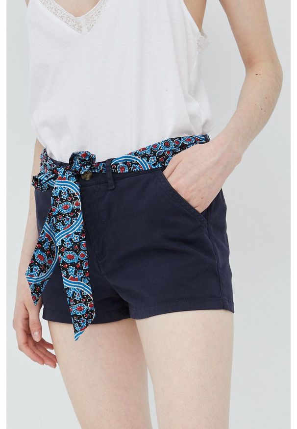 Superdry szorty damskie kolor granatowy gładkie medium waist. Okazja: na co dzień. Kolor: niebieski. Materiał: bawełna, tkanina. Wzór: gładki. Styl: casual