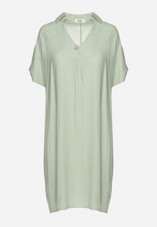 Born2be - Zielona Pudełkowa Sukienka z Bawełny z Podwijanymi Rękawami Carinea. Okazja: do pracy, na co dzień, na spotkanie biznesowe. Typ kołnierza: dekolt w serek. Kolor: zielony. Materiał: bawełna. Styl: klasyczny, casual, elegancki, biznesowy