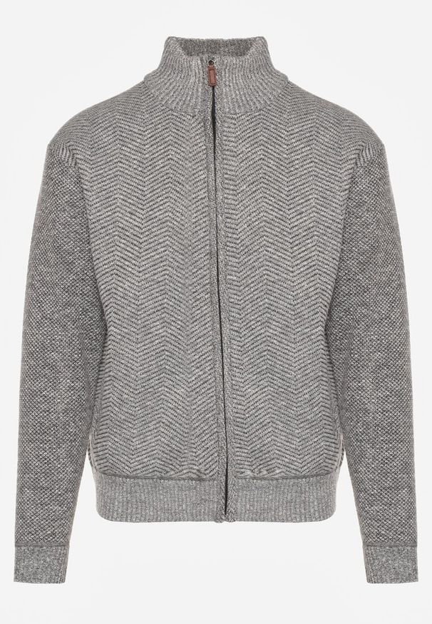 Born2be - Szary Kardigan w Jodełkę na Suwak z Polarową Wyściółką Iwedara. Okazja: na co dzień. Kolor: szary. Materiał: polar. Wzór: jodełka. Styl: casual, sportowy