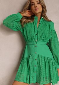 Renee - Zielona Sukienka Damiope. Kolor: zielony. Materiał: materiał, tkanina, koronka. Długość rękawa: długi rękaw. Wzór: ażurowy, jednolity, koronka, gładki. Długość: mini