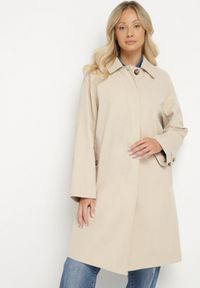 Born2be - Beżowy Płaszcz Jednorzędowy z Kołnierzykiem Ronisse. Okazja: na co dzień. Kolor: beżowy. Materiał: jeans. Styl: klasyczny, casual, elegancki #7
