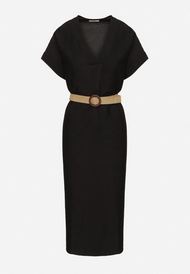 Born2be - Czarna Wiskozowa Sukienka Pudełkowa z Paskiem i Rozcięciami po Bokach Sonanira. Okazja: na co dzień. Typ kołnierza: dekolt w serek. Kolor: czarny. Materiał: wiskoza. Styl: elegancki, casual