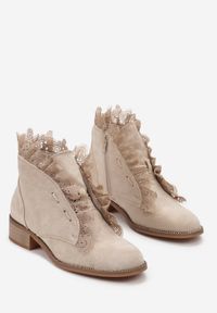 Renee - Beżowe Botki Sznurowane z Koronką Dimina. Kolor: beżowy. Materiał: koronka. Wzór: koronka #2