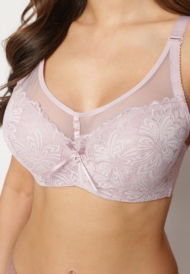 Renee - Ciemnoróżowy Koronkowy Biustonosz Full Cup Ozdobiony Cyrkoniami Helleboria. Kolor: różowy. Materiał: koronka. Wzór: aplikacja
