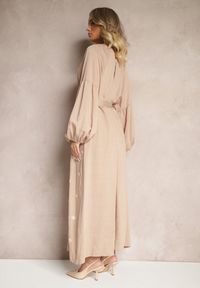 Renee - Beżowa Sukienka z Wiskozy Oversize Ozdobiona Haftem Venalari. Okazja: na co dzień, na spacer. Kolor: beżowy. Materiał: wiskoza. Wzór: aplikacja, haft. Sezon: lato, wiosna. Typ sukienki: oversize. Styl: klasyczny, elegancki, casual