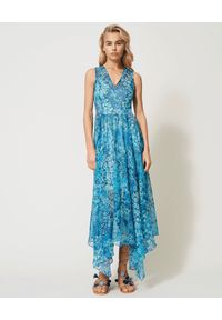TwinSet - TWINSET - Niebieska sukienka z asymetrycznym dołem. Kolor: niebieski. Wzór: kwiaty, nadruk. Typ sukienki: asymetryczne. Długość: maxi #1