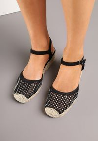 Renee - Czarne Sandały na Koturnie z Siateczkową Cholewką i Cyrkoniami Nilarena. Okazja: na co dzień. Kolor: czarny. Sezon: lato. Obcas: na koturnie. Styl: elegancki, casual #4
