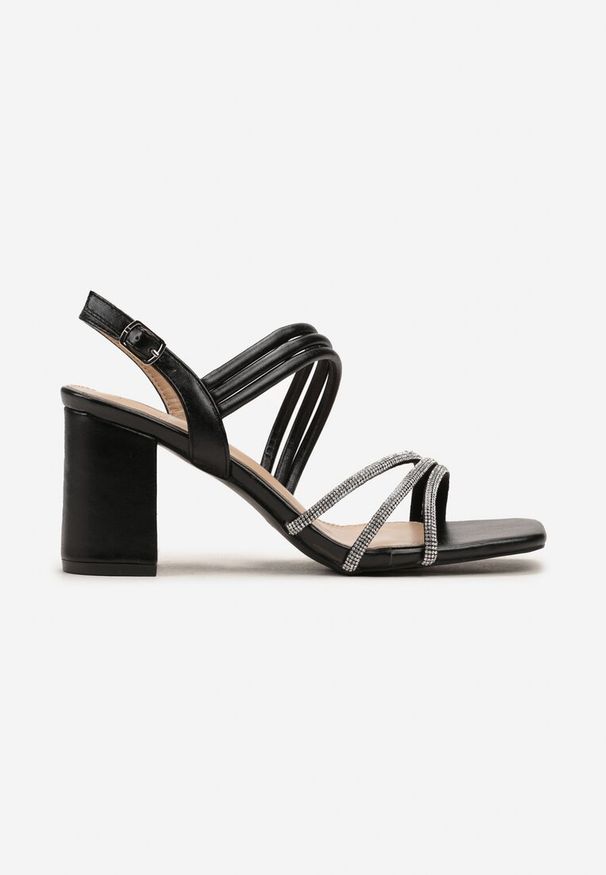 Renee - Czarne Sandały na Geometrycznym Obcasie z Cyrkoniami na Cienkich Paskach Pandia. Zapięcie: pasek. Kolor: czarny. Wzór: geometria. Obcas: na obcasie. Styl: elegancki. Wysokość obcasa: średni