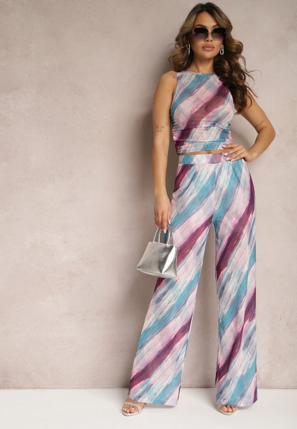 Renee - Niebiesko-Fioletowe Siateczkowe Spodnie Szerokie High Waist Mandiore. Okazja: na co dzień. Stan: podwyższony. Kolor: niebieski. Styl: elegancki, casual